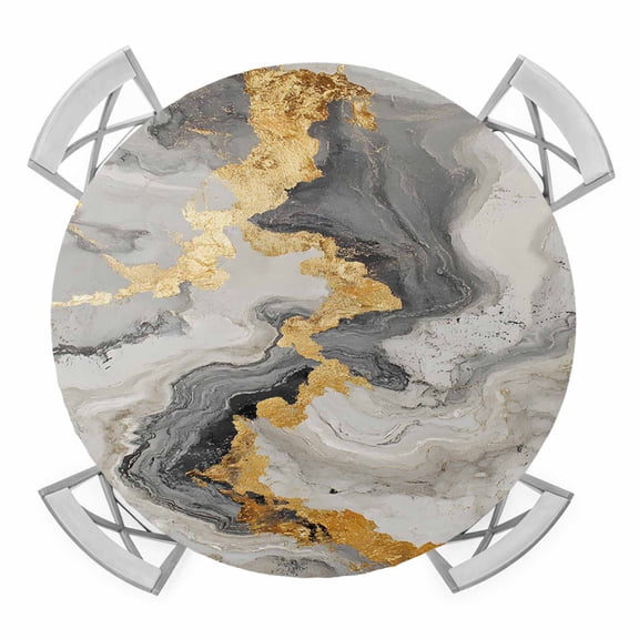 Grey Ombre Marble Round Fitted Tablecloth with Elastic Edge, Waterproof Table Cloth Table Cover for 45"-54" Tables, Golden Gray Marble Crack Abstract Art Tablecloths for Dining Picnic Indoor Outdoor