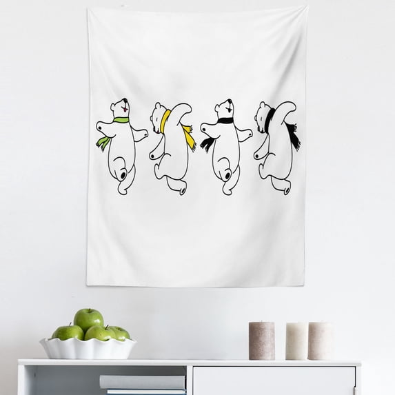 Dancing Bears Tapestry, Hopping Animals in the Forest Polar Ice Cold Winter Season Artwork, Fabric Wall Hanging Decor for Bedroom Living Room Dorm, 5 Sizes, White Yellow Green, by Ambesonne