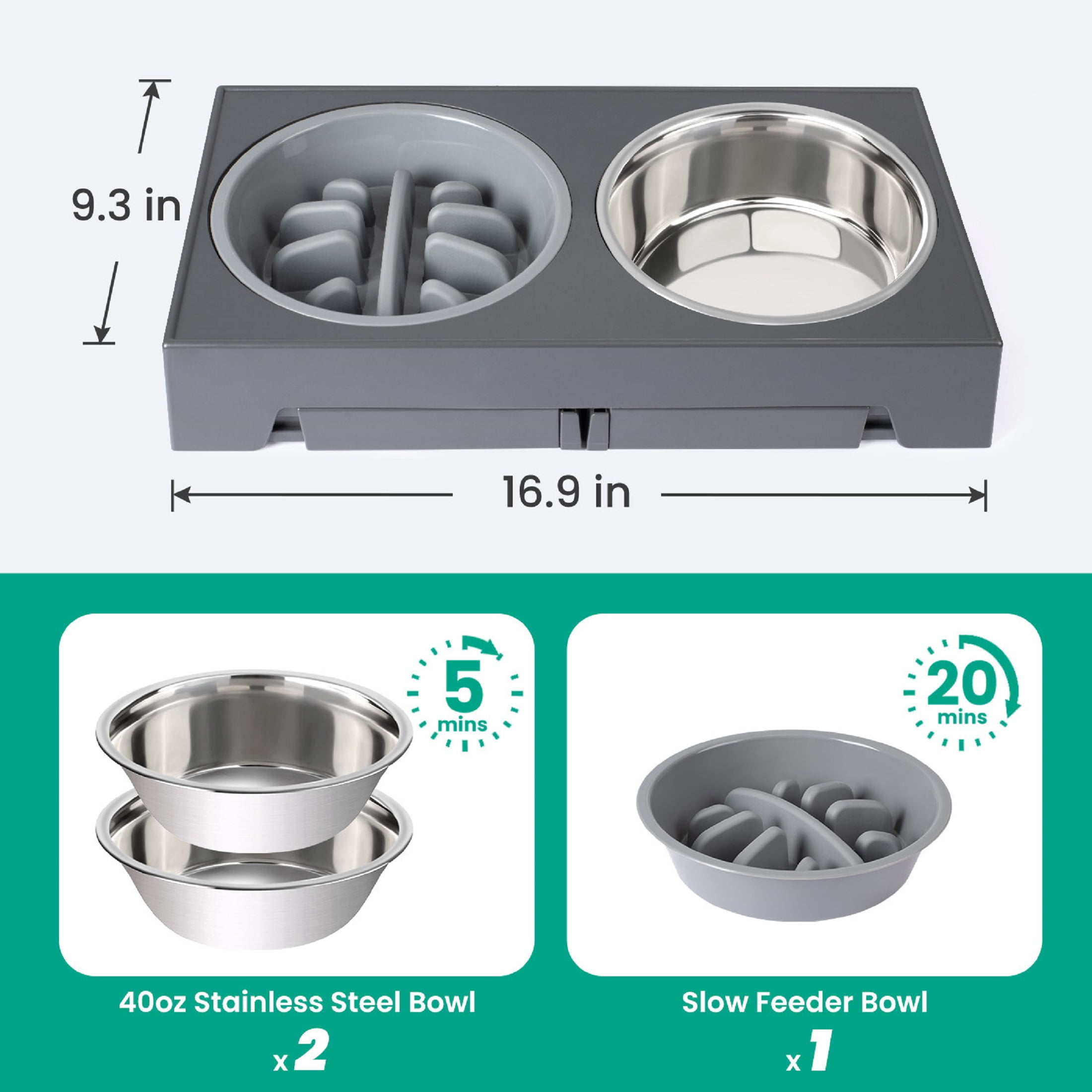 Elevated Dog Bowls - 5 Adjustable Heights Stand, 2 Stainless Steel Bowls & 1 Slow Feeder, for Small to Large Dogs, Gray