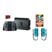 Nintendo Swtich 4 items Bundle:Nintendo Switch 32GB Console Gray Joy-con,64GB Micro SD Memory Card and an Extra Pair of Nintendo Joy-Con (L/R) Wireless Controllers Neon Blue,1-2-Switch