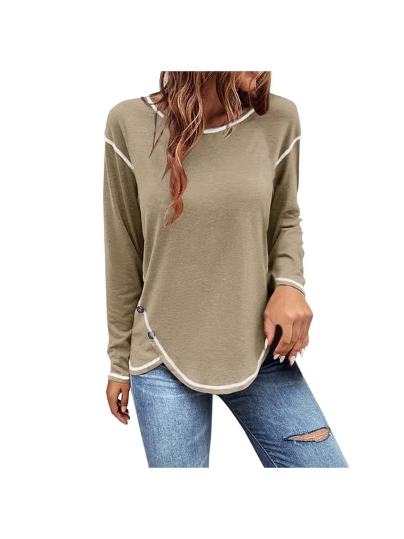 Women Plus Size Long Sleeves Tops Round Neck Irregular Hem Button Shirt Casual Pullover Loose Blouses