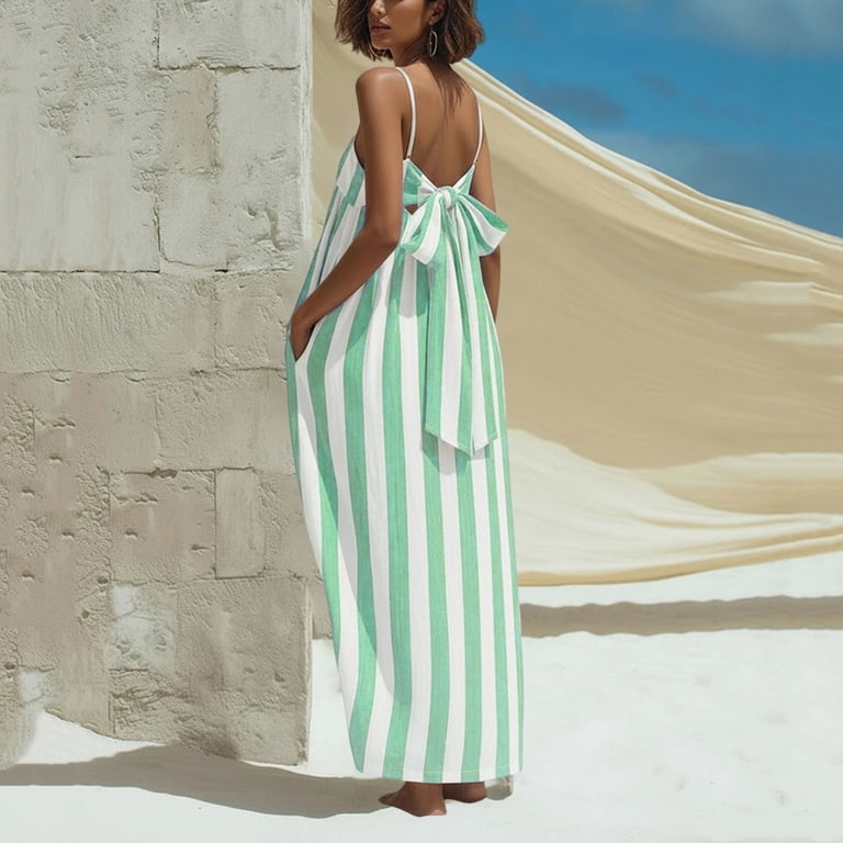 ClodeEU Women's Striped Spaghetti Strap Maxi Dress with Pockets,Casual Loose Summer Swing Dress Mint Green,Women's Plus M