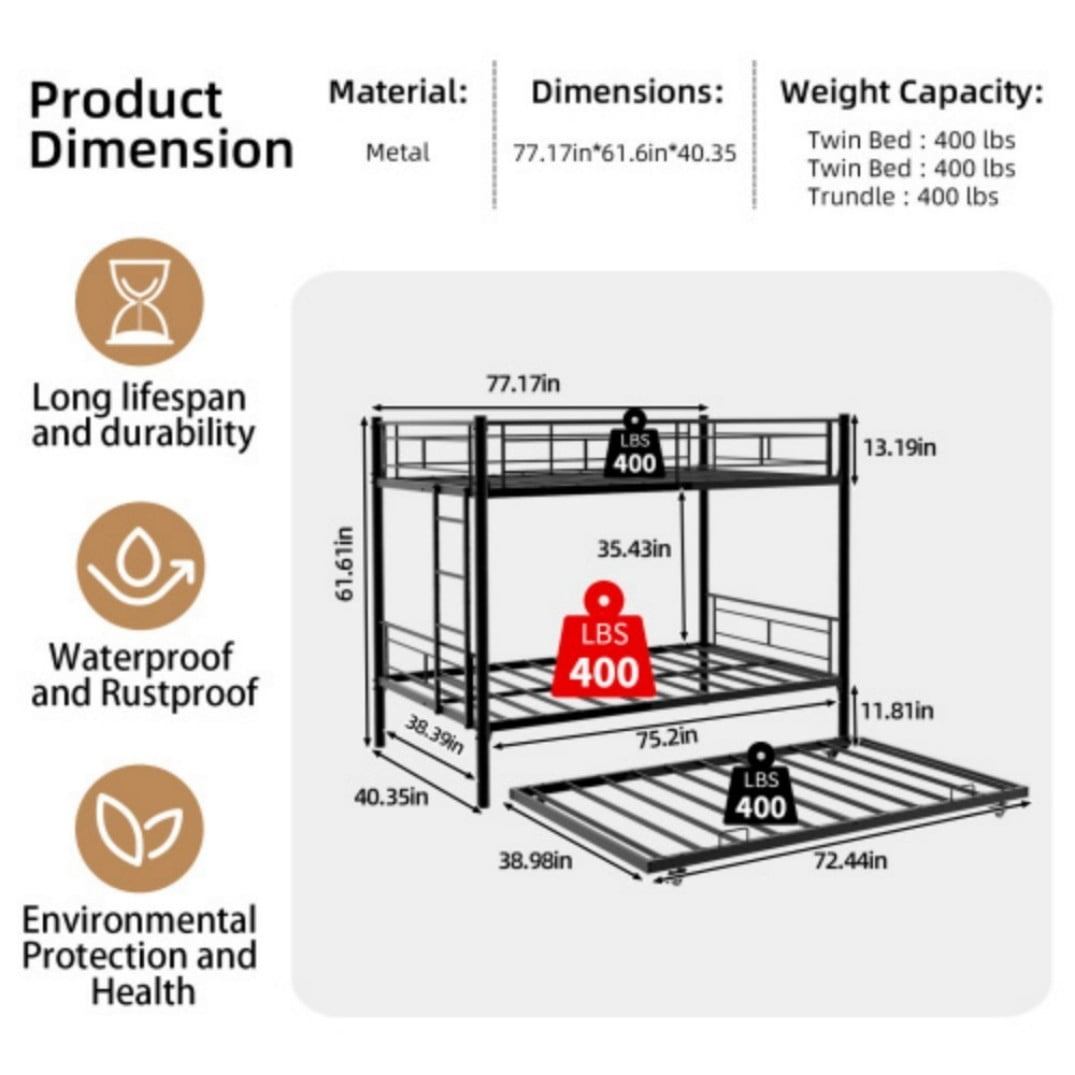 Twin Triple Bunk Bed, 3-in-1 Convertible Metal Bunk Bed Frame, Space-Saving Design with Guardrails & Ladder, Heavy-Duty Iron, Black