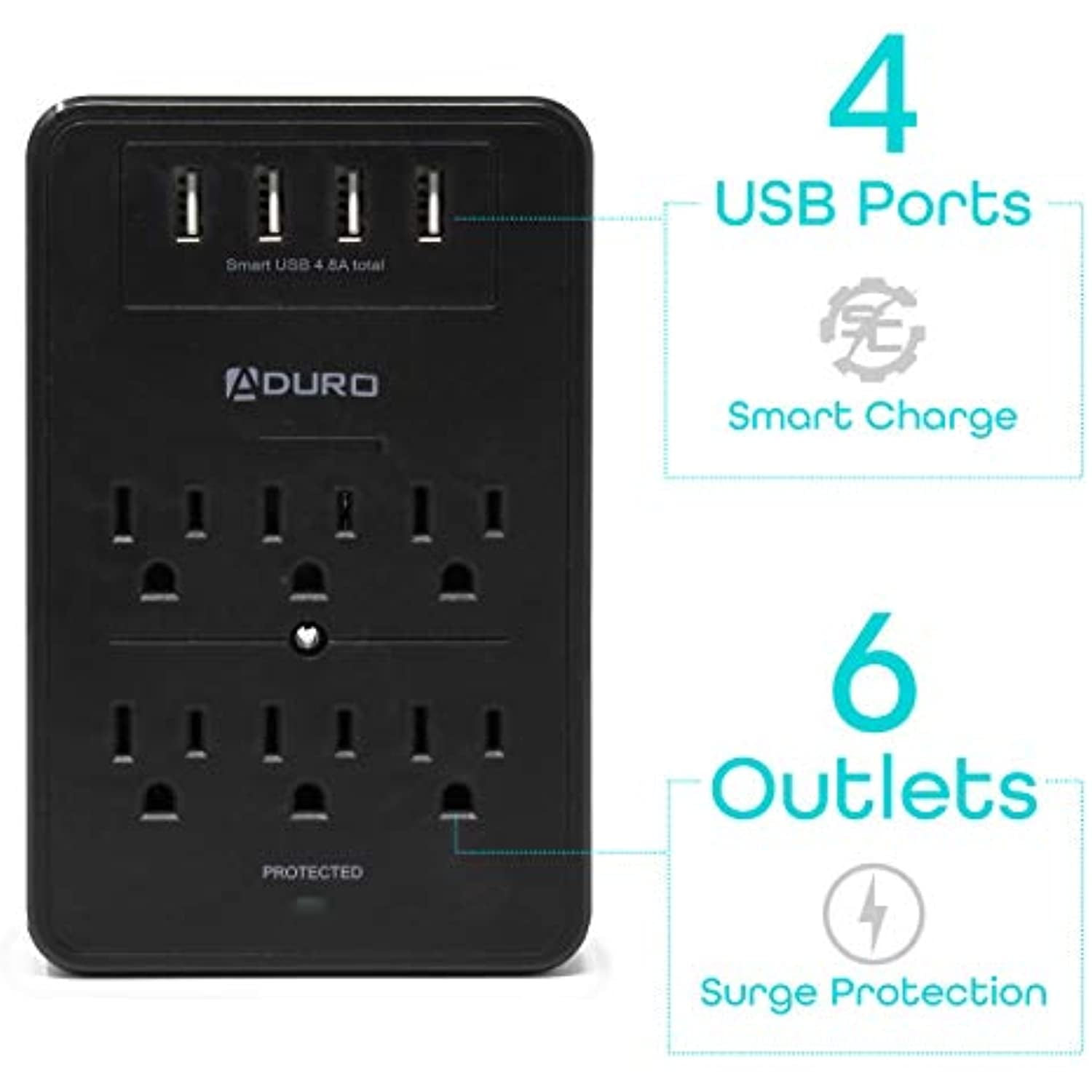 Aduro Surge Protector 6 Outlets Power Strip Station with USB (4 Ports 4.8A) Wall Mount Multiple Outlet Splitter Extender Adapter with Phone Shelf Stand ETL Listed Black