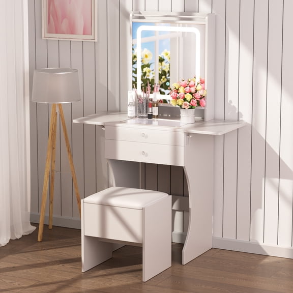 Mintazer Compact Vanity Desk with LED Mirror & Foldable Side Tables, Makeup Vanity Set with Tempered Glass Top & 2 Drawers and Stool, White