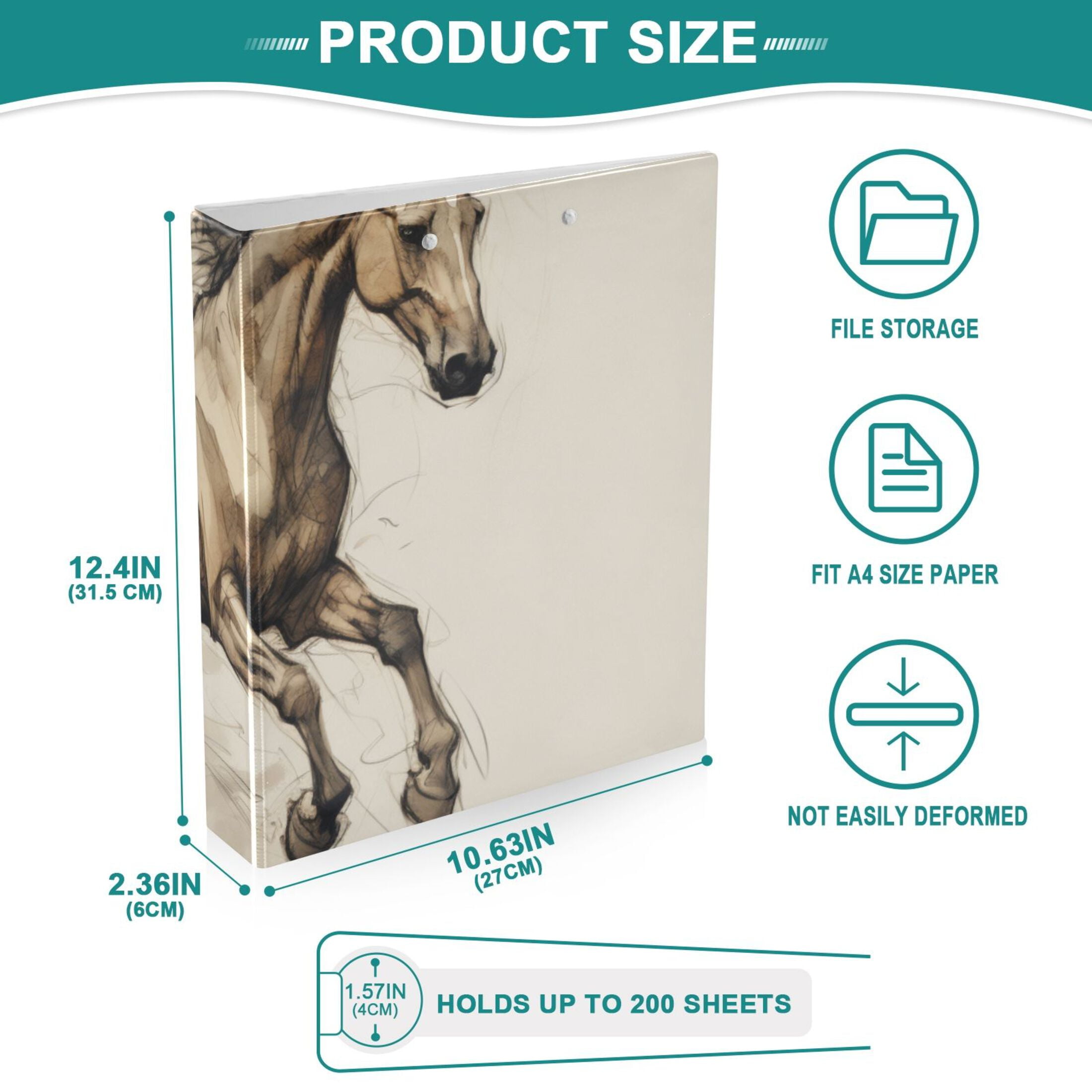 Horse 3 Ring Binders 1.5 inch Hardcover File Folders with Interior Pockets A4 Size Organizer for School Office Hospital Set of 2