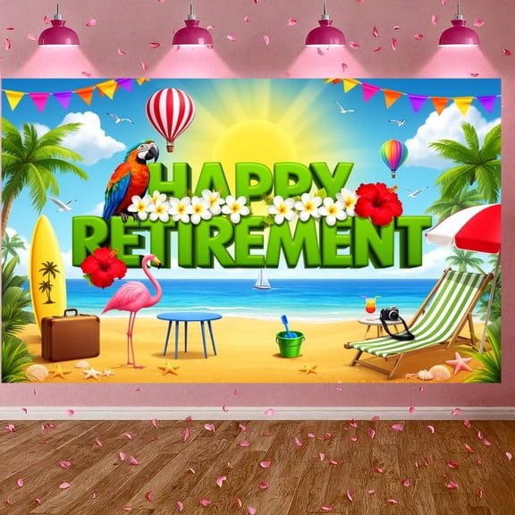 Vibrant Tropical Happy Retirement Banner Coastal Beach Retirement Backdrop Floral Decorated Seaside Retirement Display for Retirement Party Retiree Gathering Beach Celebration