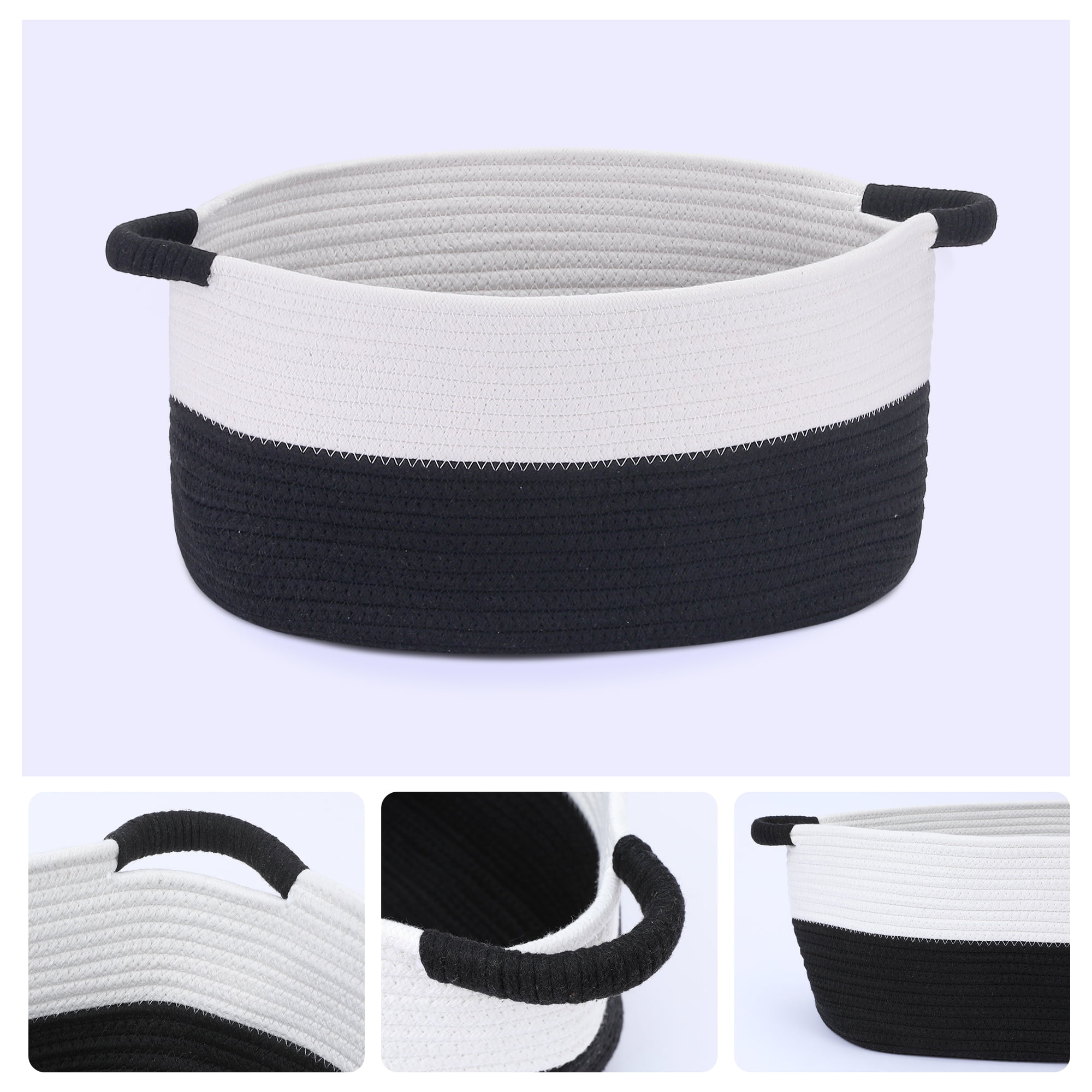 Unique Bargains Woven Storage Basket Bin with Handles White/Black 15.5*11.5*7.5in
