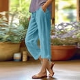 thumbnail image 2 of QATAINLAV Linen Capris Pants for Women Summer Casual Loose Drawstring Elastic High Waist Straight Cropped Trousers with Pockets Beach Clothes Sky Blue M, 2 of 6