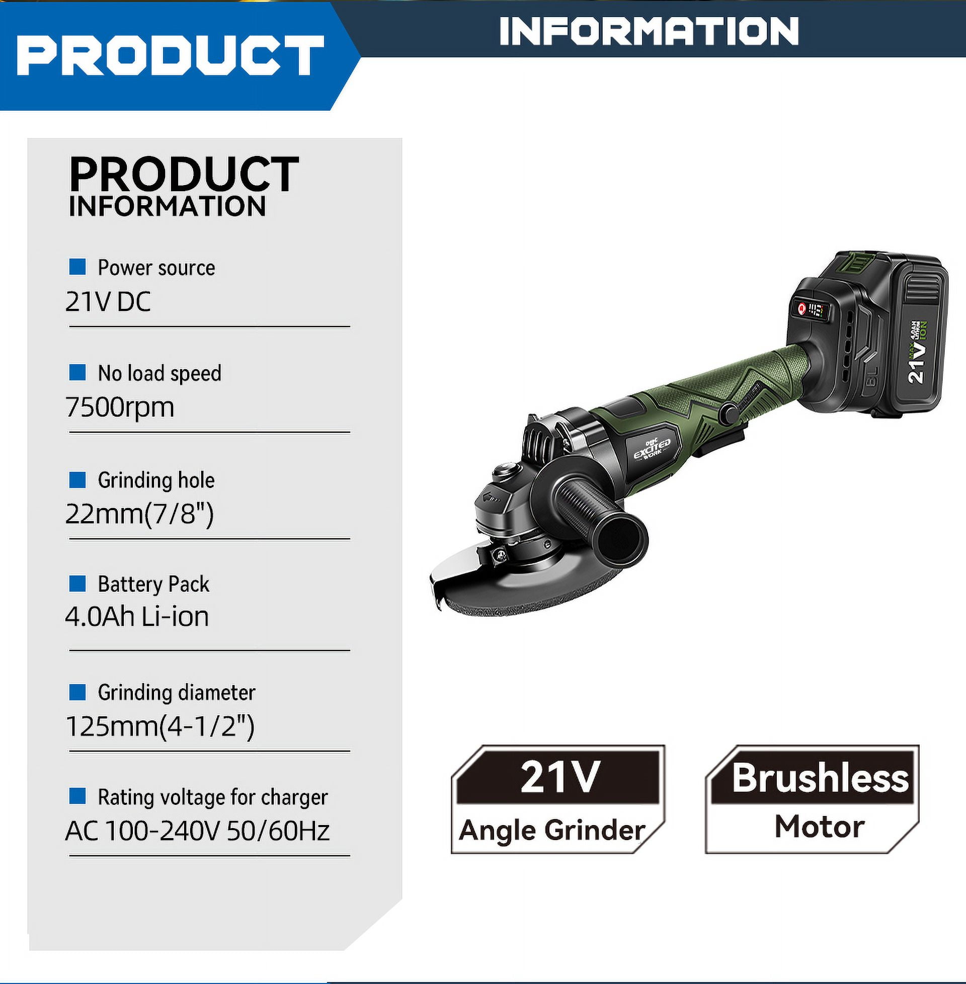 EXCITED WORK 21V 5 inch Cordless Angle Grinder, 7500rpm Brushless Electric Metal Cutting Machine with Two 4.0A Batteries and Fast Charger, 4-1/2 "Grinding Wheel for Polishing, Grinding and Cutting