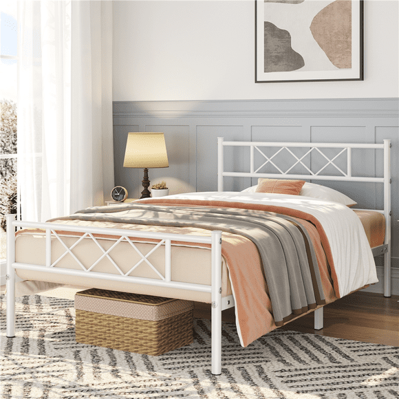 Fullfurnique Simple Metal Platform Bed Frame with Headboard and Footboard, Twin, White