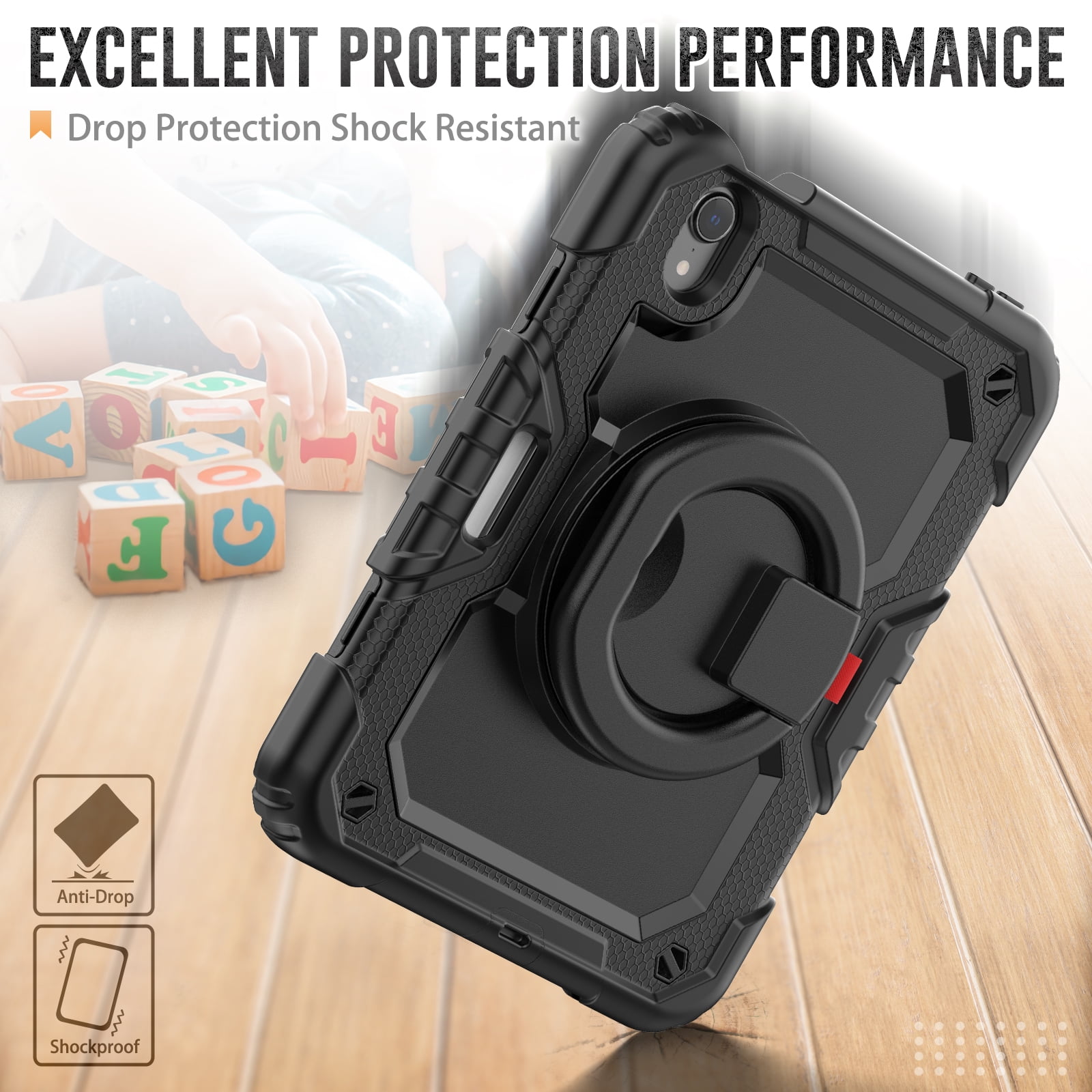 iPad Mini 6 Case 2021, Dteck 360 Rotating Heavy Duty Shockproof with Rugged Stand Pencil Holder for Kids Case for iPad Mini 6th Generation 8.3 Inch - Shoulder Strap, Screen Protector, Black