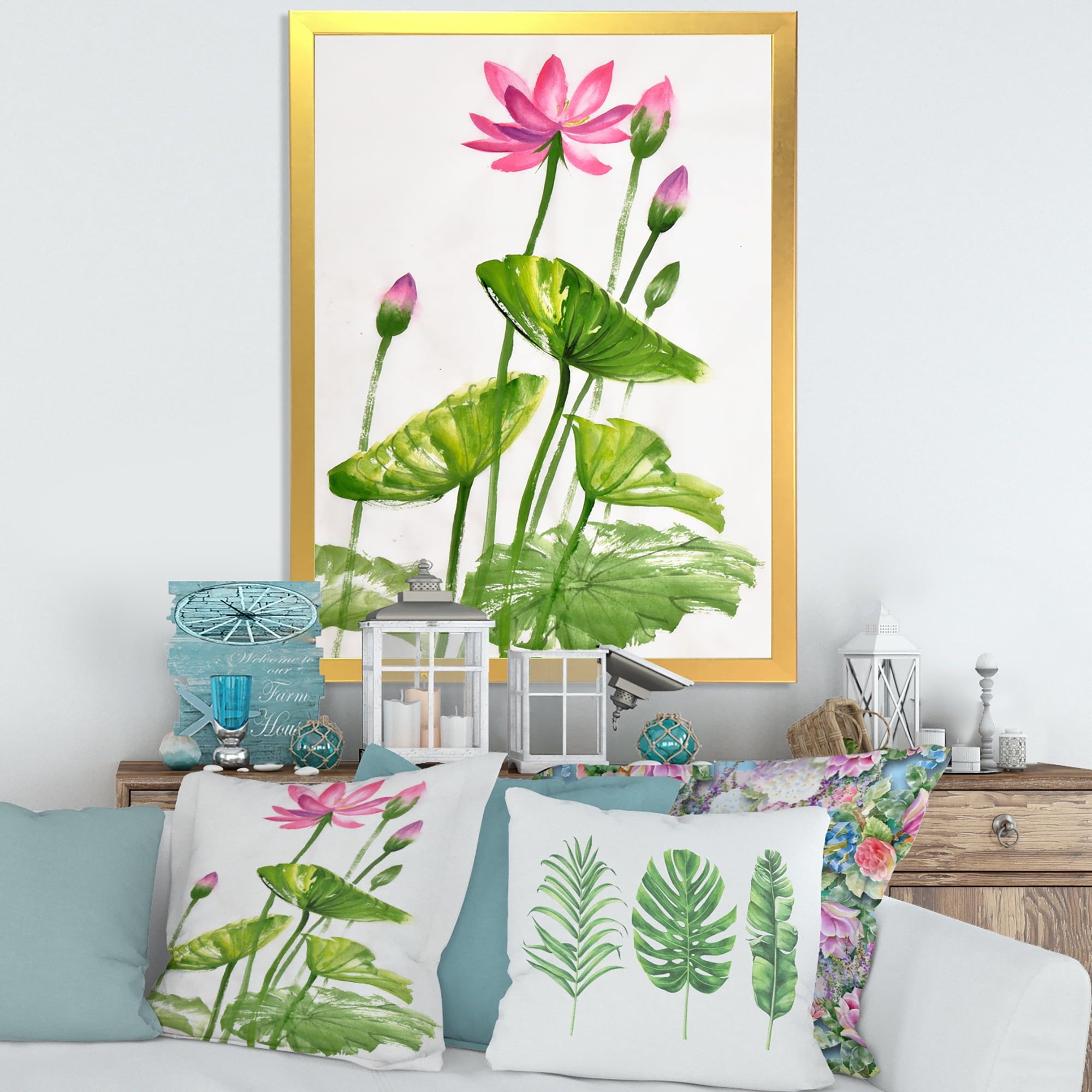 Designart 'Pink Vintage Lotuses In The Pond VII' Traditional Framed Art Print