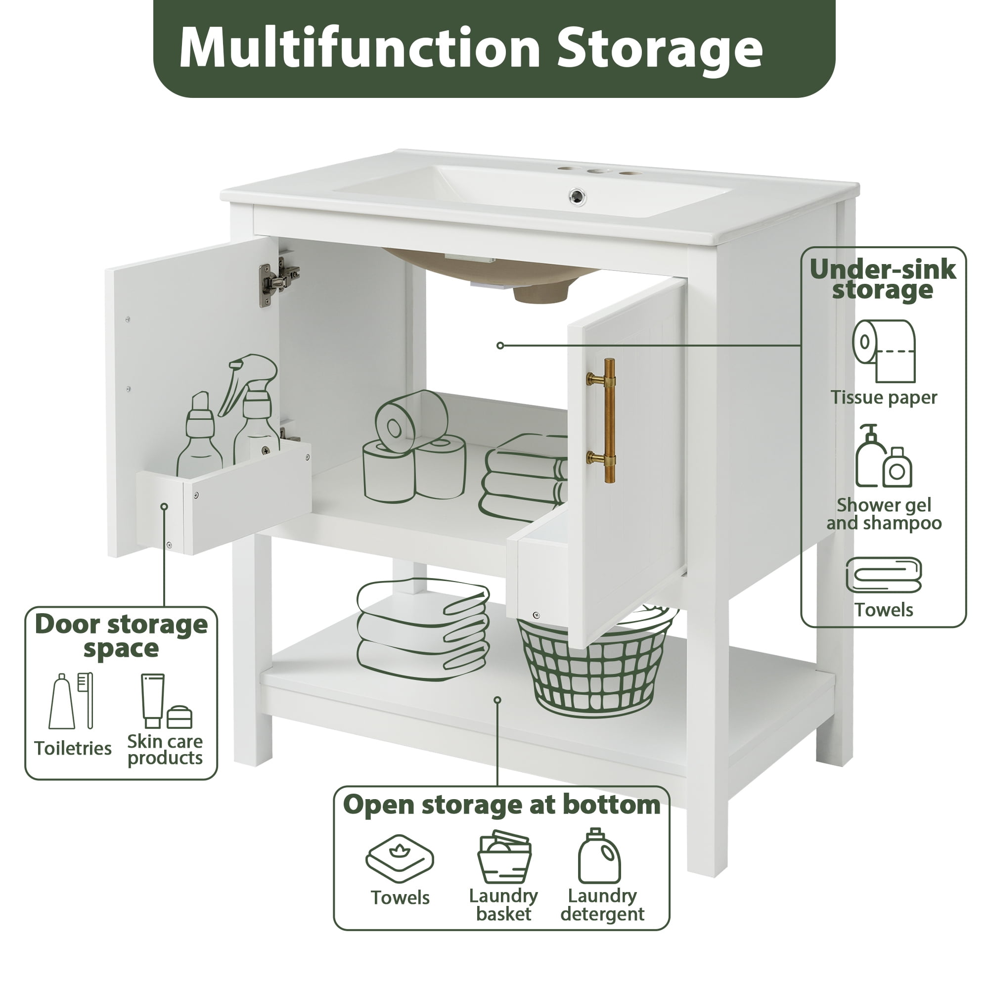 MODERNLUXE 30" Bathroom Vanity with Ceramic Sink, Freestanding Bathroom Sink Cabinet with Bottom Shelf and Versatile Storage,Ideal for Small Bathrooms,White