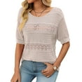 thumbnail image 3 of Womens Short Sleeve Sweaters Summer Round Neck Pullover Sweater Crochet Tops Oatmeal Color S, 3 of 9