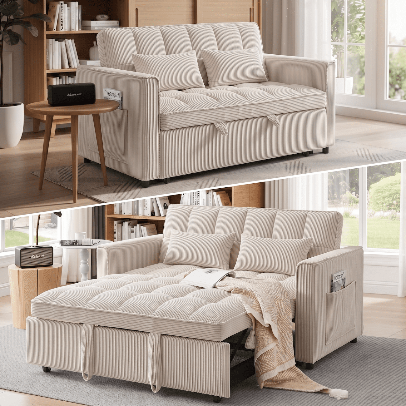Xiweot 54" Sleeper Sofa Bed, Convertible Pull Out Couch for Living Room Apartment, Velvet Futon Loveseat Sofa Bed with Adjustable Backrest, Side Pockets, 2 Pillows, Easy Assembly (Beige)
