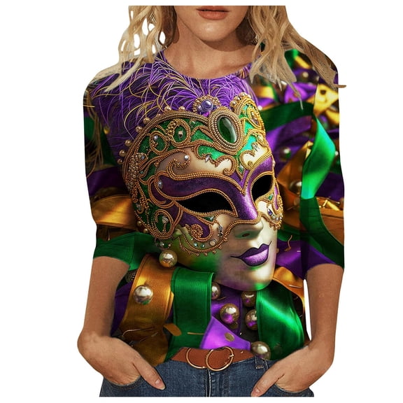 CONZONE Womens Mardi Gras T-Shirts 3/4 Sleeve T-Shirts for Women Trendy Graphic Soft Loose Fit 2026 Carnival Tops for Lady