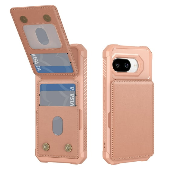 TECH CIRCLE Shockproof Case for Google Pixel 9a (2025 Release) 6.3", with Built-in Flip Wallet (4 Card Slots), Magnetic Snap Closure, PU Leather/Plastic Protective Lightweight Phone Cover, Rosegold