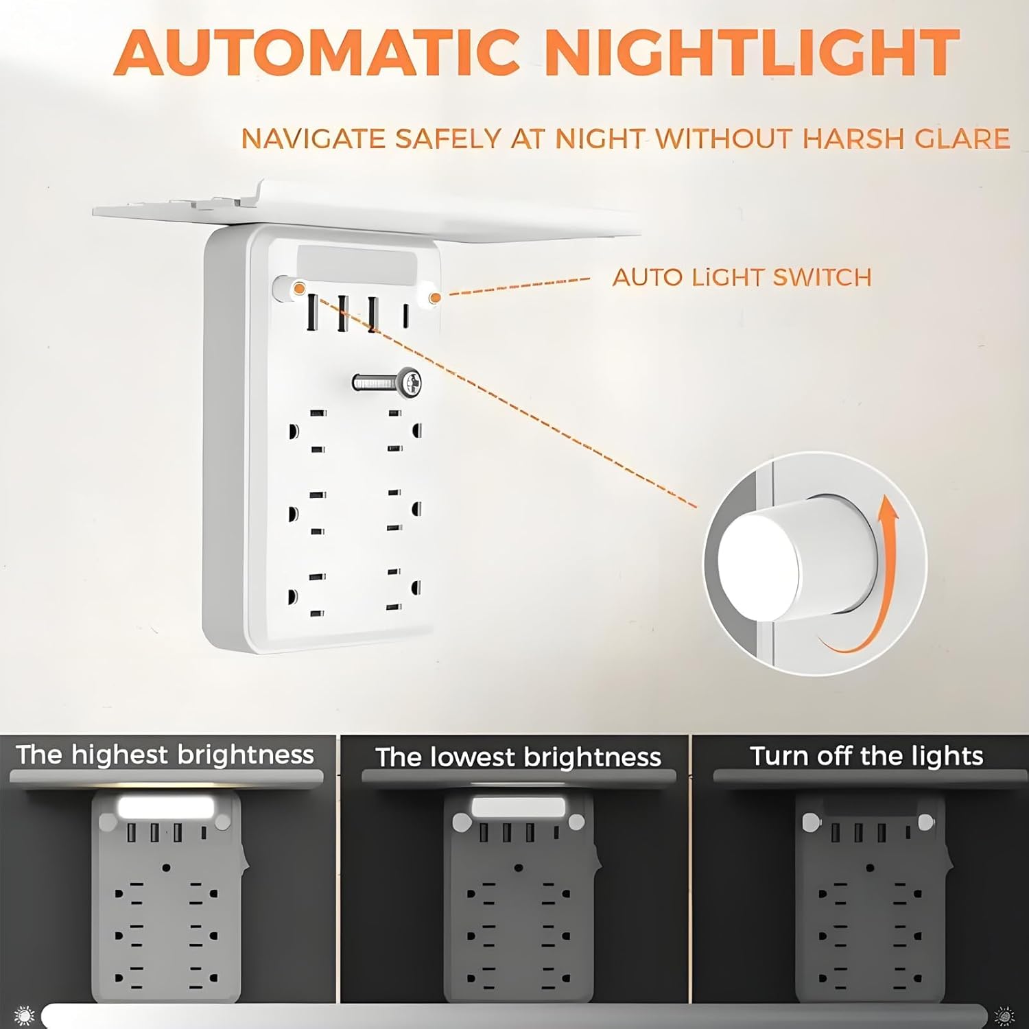 Wall Outlet Extender with Shelf Night, 9 in 1 Outlet Extender with Shelf, Multi-Plug Outlet Splitter with Surge Protection, Include 6 Outlets, 3 USB Ports for Home
