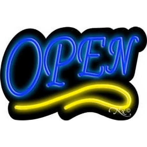 Deco Style Blue Open With Yellow Line LED Neon Sign 14" Tall x 22" Wide, Black Square Cut Acrylic Backing, with Dimmer - Bright and Premium built indoor LED Neon Sign for storefront.