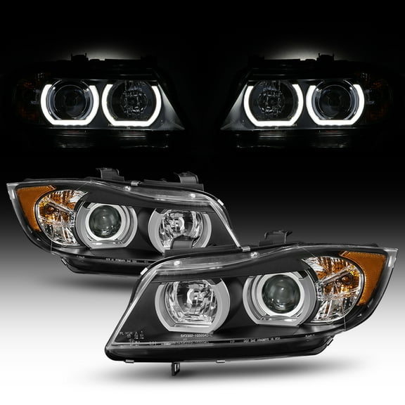 AKKON - For 2006-2008 BMW E90 3-Series Sedan [HID|AFS model] Black Bezel Dual U-LED Ring Projector Headlights