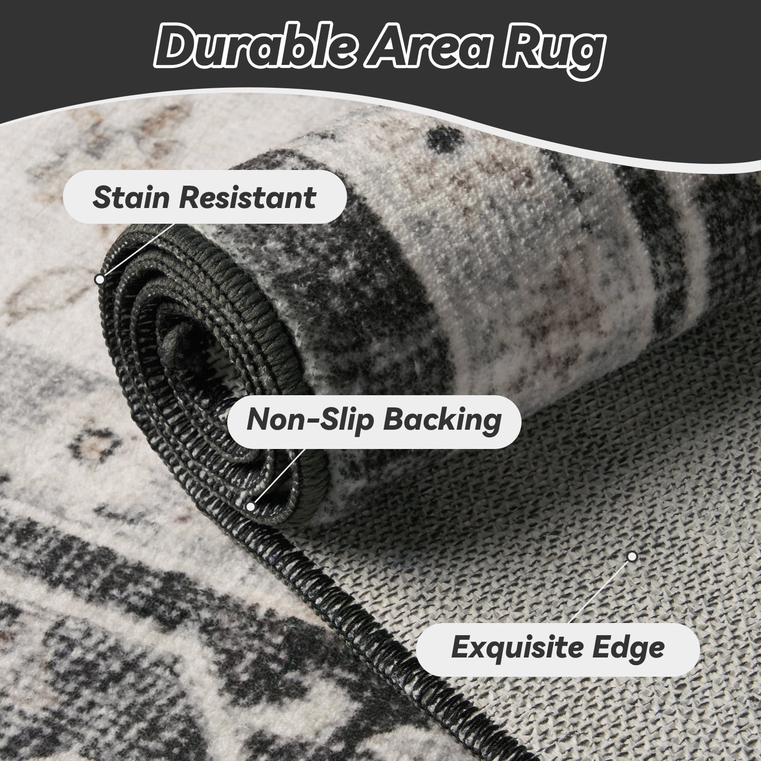 FEELHOME 9'x12' Area Rug Machine Washable Soft Vintage Distressed Non Slip Carpet for Living Room Bedroom Dining Room Black