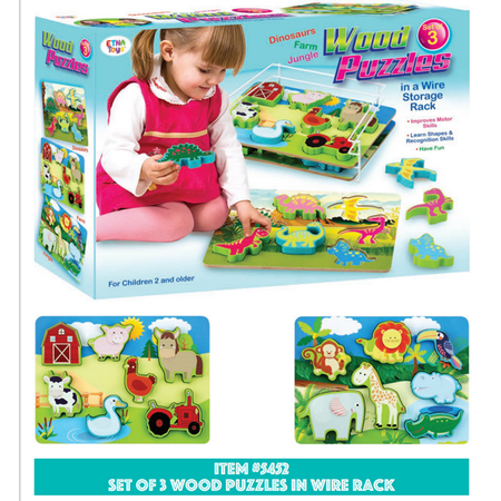 Wood Puzzle Set With 3 Puzzles And Wire Storage Rack Dinosaurs Farm and Jungle