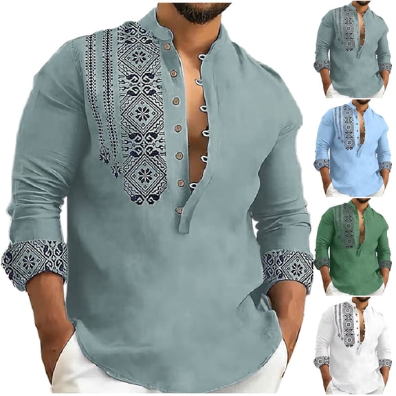 Jinhomg Summer Cotton Linen Shirts for Men Vintage Ethnic Style Print Beach Tops Casual Comfy Short Sleeve Button Up Shirt Hawaiian Vacation Wear Sales Today Blue XXL