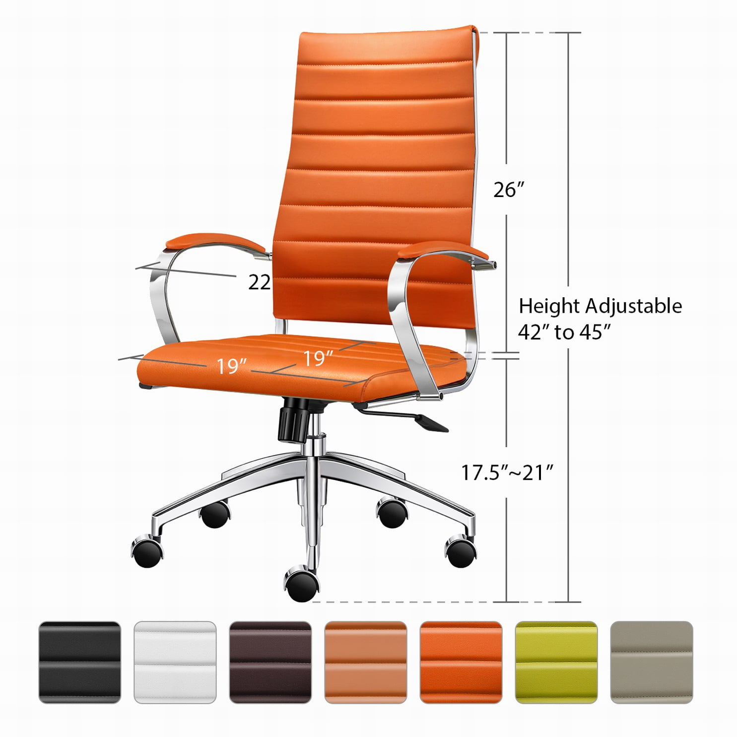 LUXMOD High Back Office Chair with Armrest, Orange Adjustable Swivel Chair in Durable Vegan Leather, Ergonomic Desk Chair for Extra Back & Lumbar Support –Orange