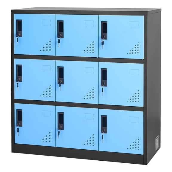 KFFKFF 9-Door Metal Locker, Lockable Steel Storage Cabinet with 66 lbs Capacity, 2 Keys per Door, 3-Tier Employee Locker for Office, School, Gym, Simple Assembly, 35.4 x 17.7 x 37 in, Black