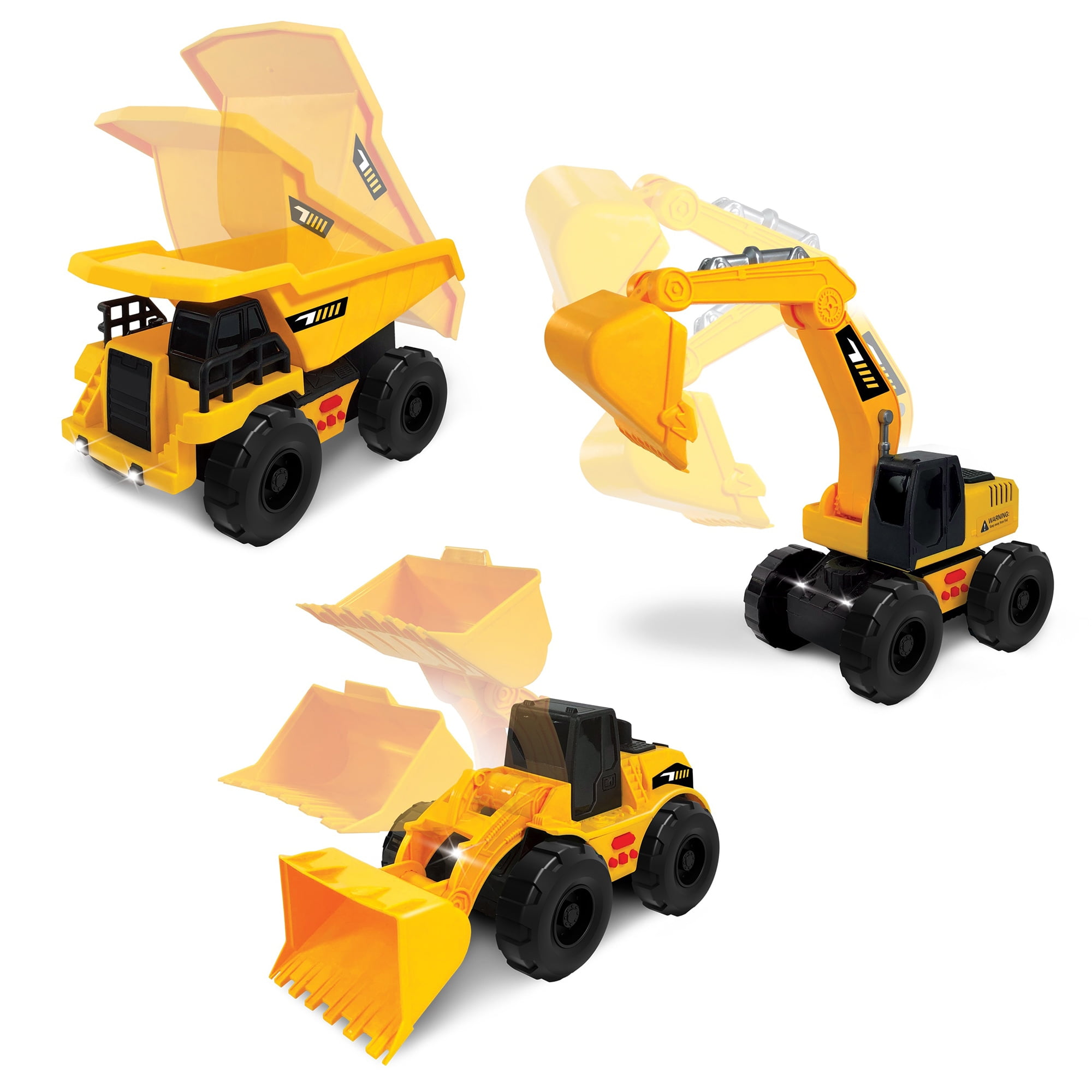 Mighty Tuff Crew Lights & Sounds 3-Pack Vehicles Set, Friction Powered Dump Truck, Excavator and Earth Mover Vehicle Set, Children Ages 3 Years and Up