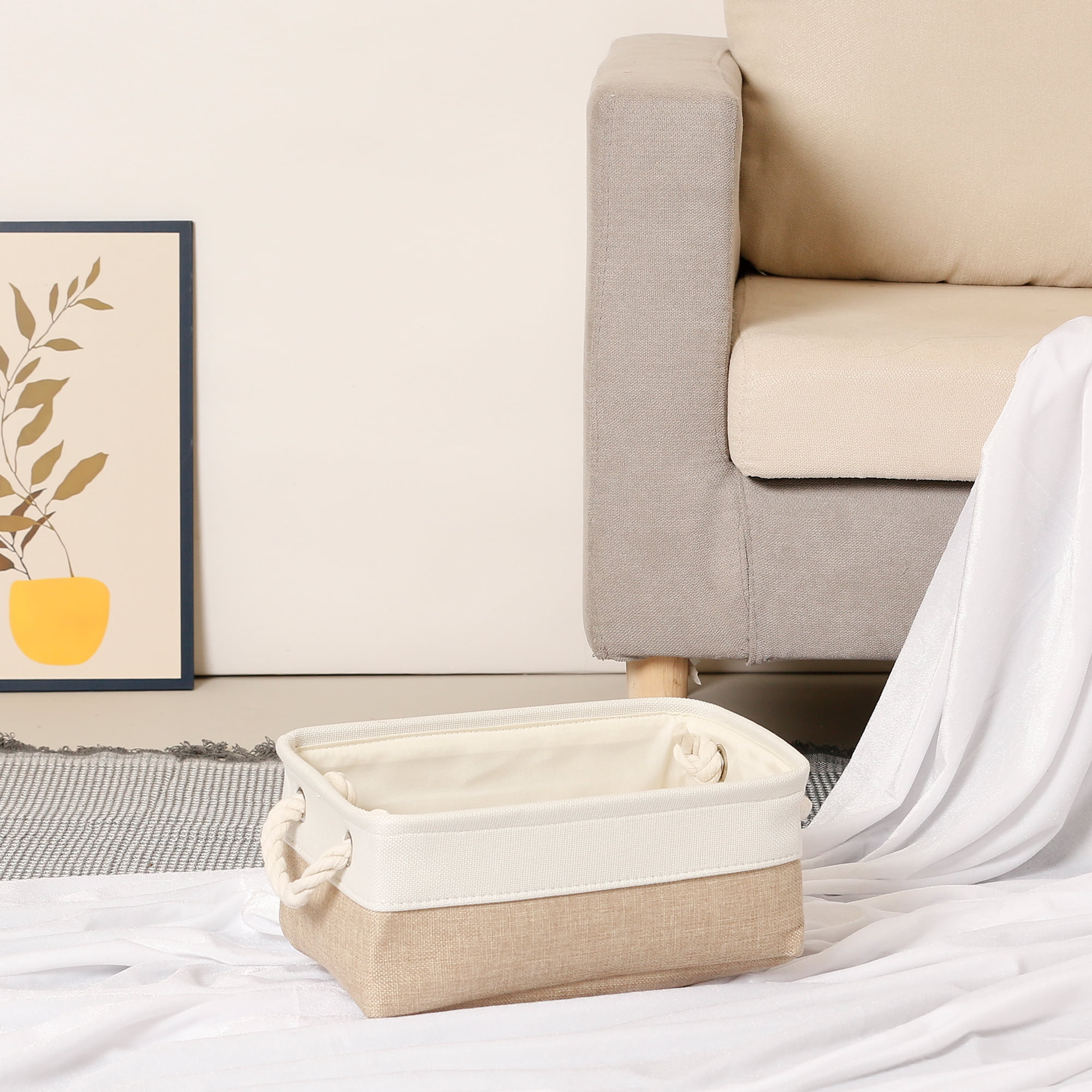 Unique Bargains Storage Bin with Handle Fabric Cube Khaki/White 12.5*8.5*5in