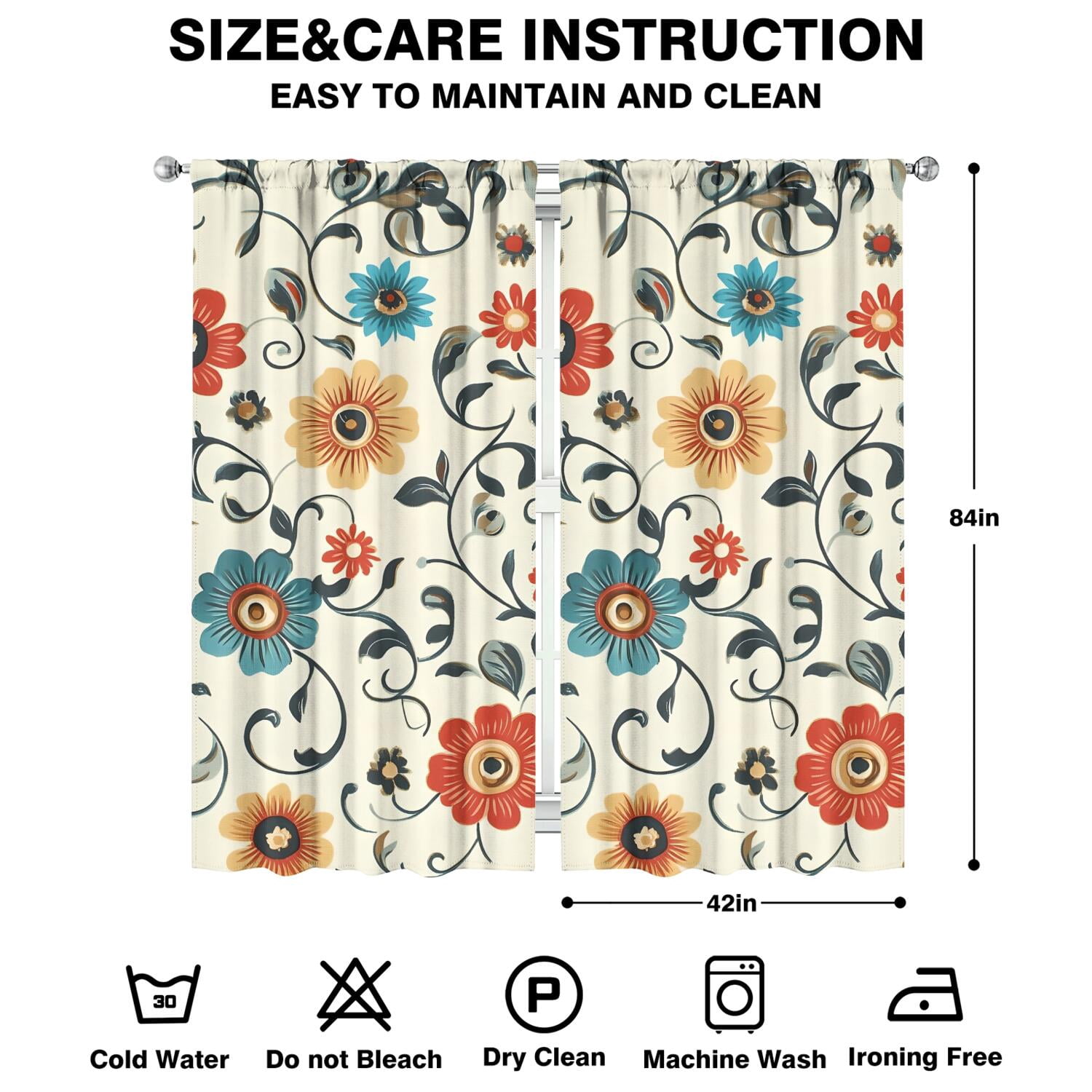 Floral Style Curtains 42x84 Inch 2 Panels Rod Pocket Blackout Drapes for Bedroom and Light Filtering