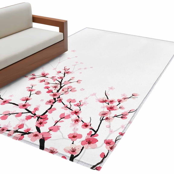 Cherry Blossom Large Area Rugs for Bedroom Living Room, Soft Non Slip Carpet Bedside Rug, Spring Pink Floral Branches Watercolor Rectangular Floor Cover Kitchen Accent Rug 3'x5' for Office