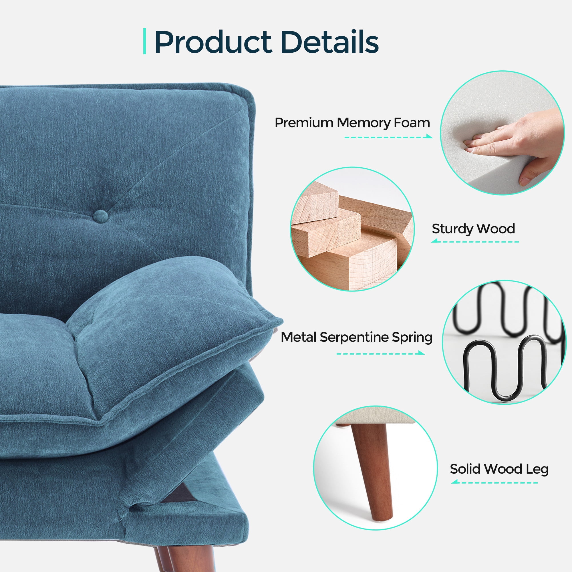LINSY HOME Futon Sofa, Modern Sofa  Bed with Adjustable Armrests for Small Place and Apartment, Blue
