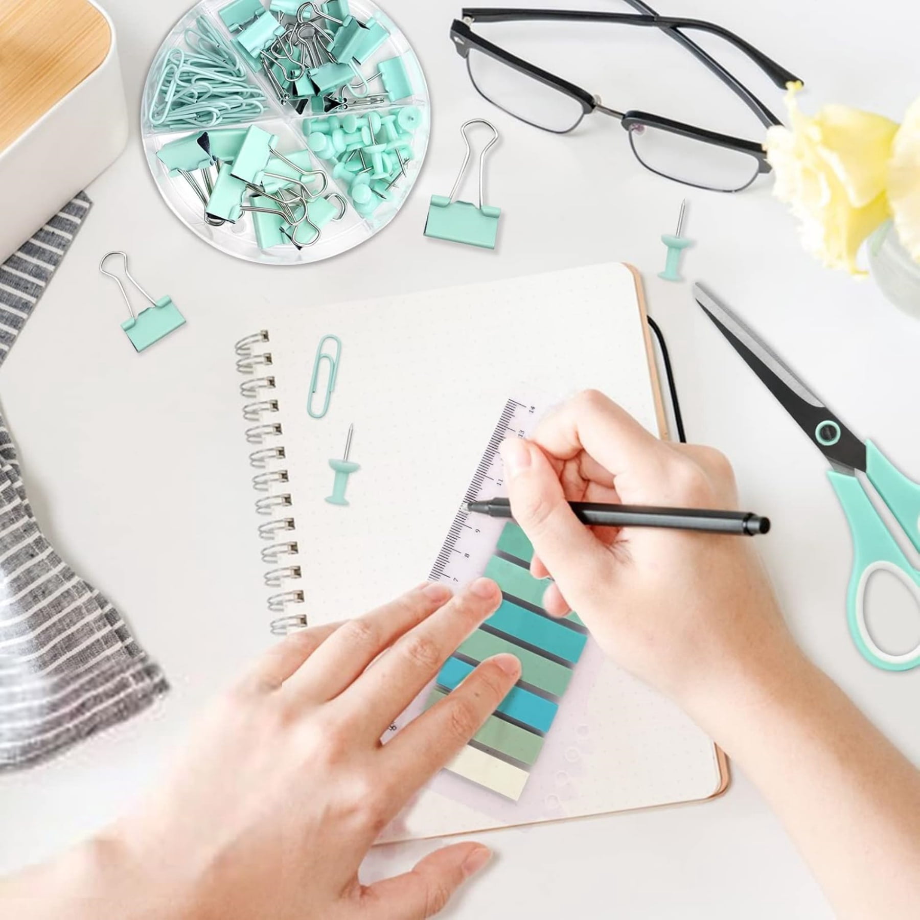 Green Office Supplies Set & Desk Organizer Kit,Desk Accessories, Stapler and Tape Dispenser Set for Women with Stapler, Tape Dispenser, Staple Remover, Staples, Clips, Scissor and Tabs