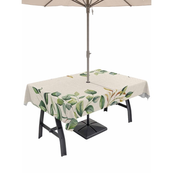52x70 Inch Outdoor Tablecloth with Umbrella Hole Zipper Rectangle Eucalyptus Rectangular Tablecloths Outside Waterproof Vintage Botanical Plant Country Pastoral Patio Table Cover for Picnic Party