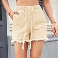 thumbnail image 6 of Bloomae Denim Shorts for Women Casual Drawstring Stretchy Elastic High Waist Comfy Short Jeans Lightweight Frayed Hem Summer Hot Pants with Pockets Khaki S, 6 of 6