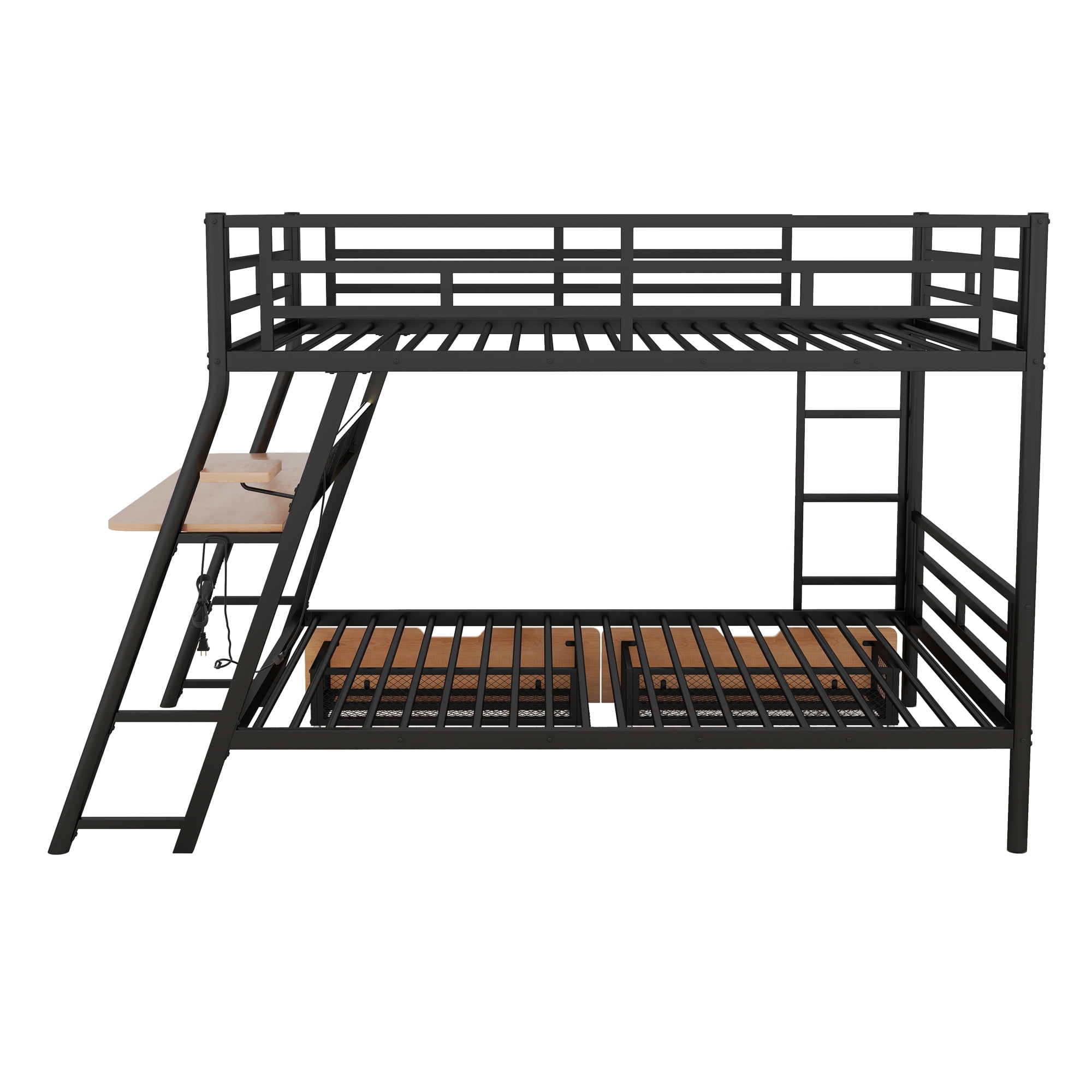 Euroco Metal Full over Full Bunk Bed with Desk and Drawers, LED Light Strip and Cabinet for Kids Teens Room, Black