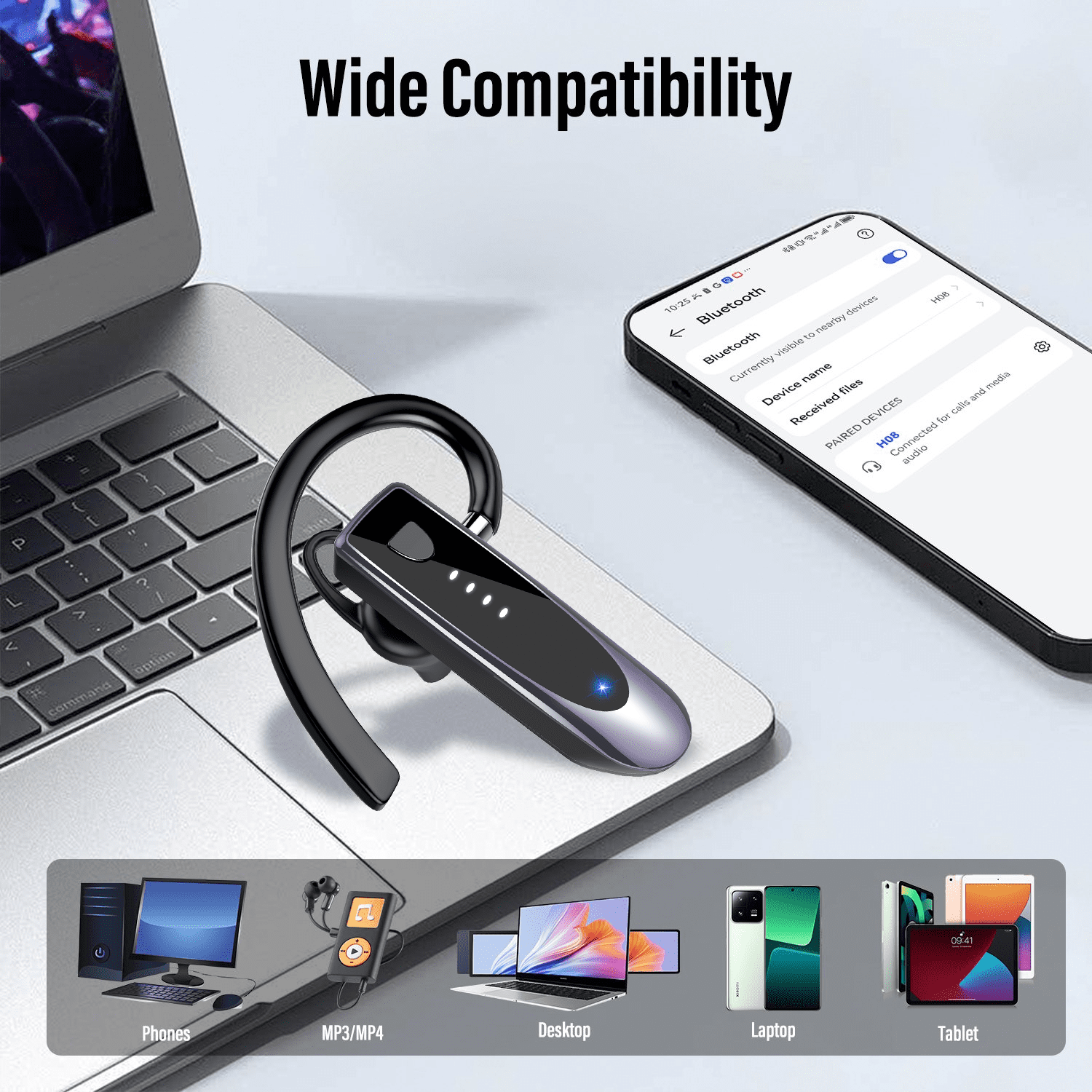 Bluetooth Headset V5.4, Single-Ear Wireless Earpiece with ENC Noise Canceling Mic, 20Hrs Call Time Handsfree Wireless Earbuds, 180 Hrs Standby Time Headphones for iOS Android /Office/Drivin