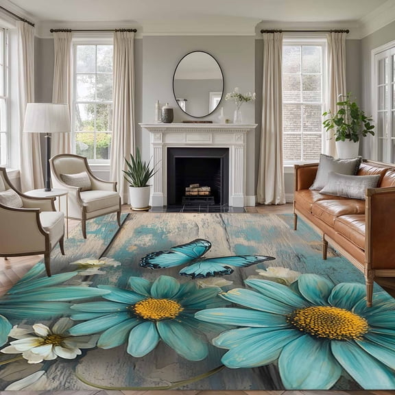 6'x9' Area Rugs, Teal Daisy Indoor Outdoor Area Rug for Living Room Bedroom, Spring Floral Butterfly Botanical Vintage Washable Bathroom Rugs Kitchen Floor Carpet Mats Home Decor Aesthetic