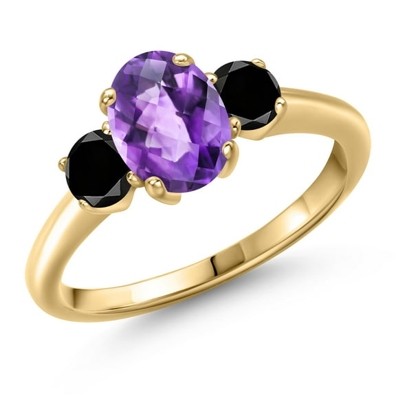 Gem Stone King 10K Yellow Gold Purple Amethyst and Black Diamond Engagement Ring for Women | 1.74 Cttw | Oval Checkerboard 8X6MM | Gemstone February Birthstone | Size 9