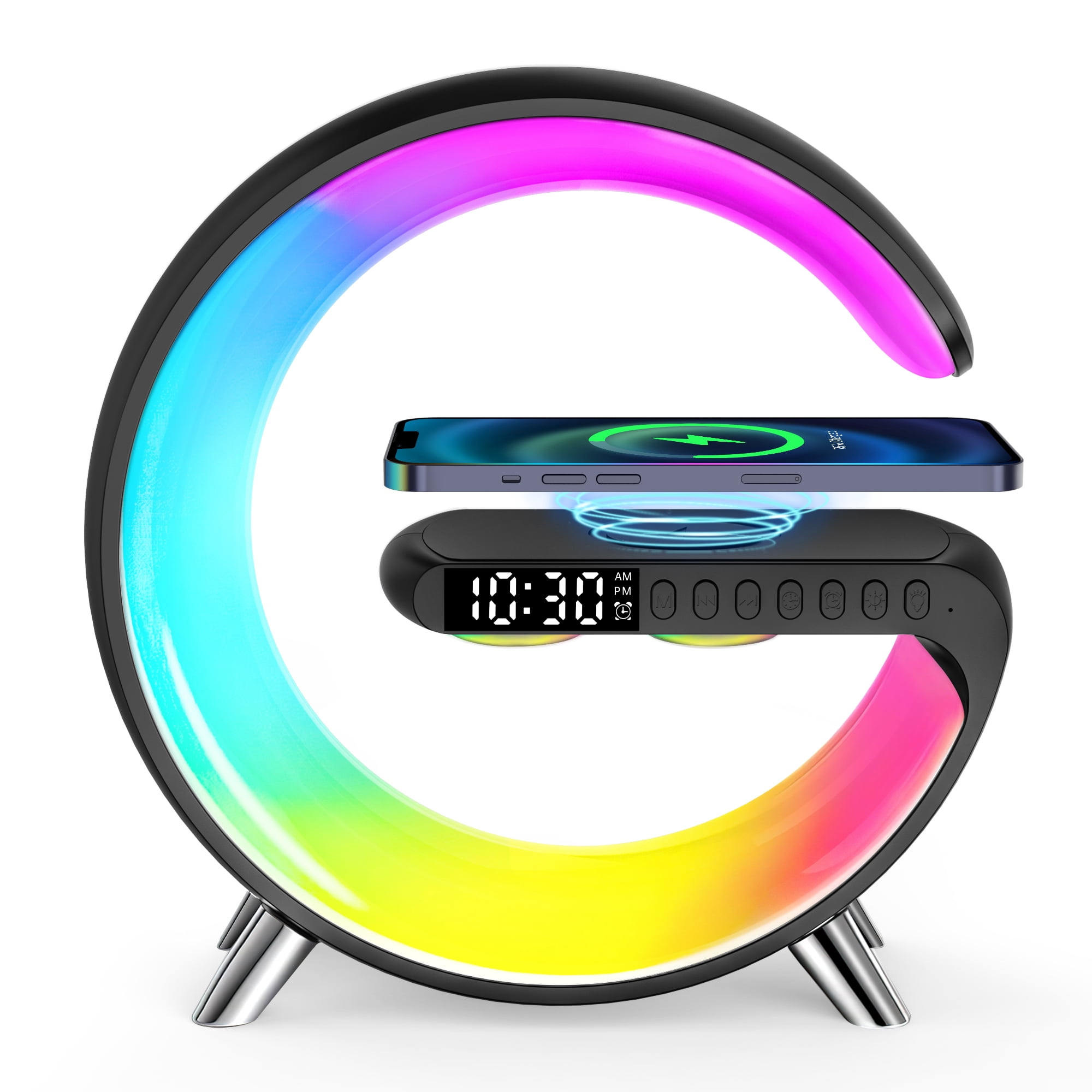 GPED Bluetooth Atmosphere Lamp Alarm Clock, 15 W Fast Wireless Charger, Dimmable Night Light