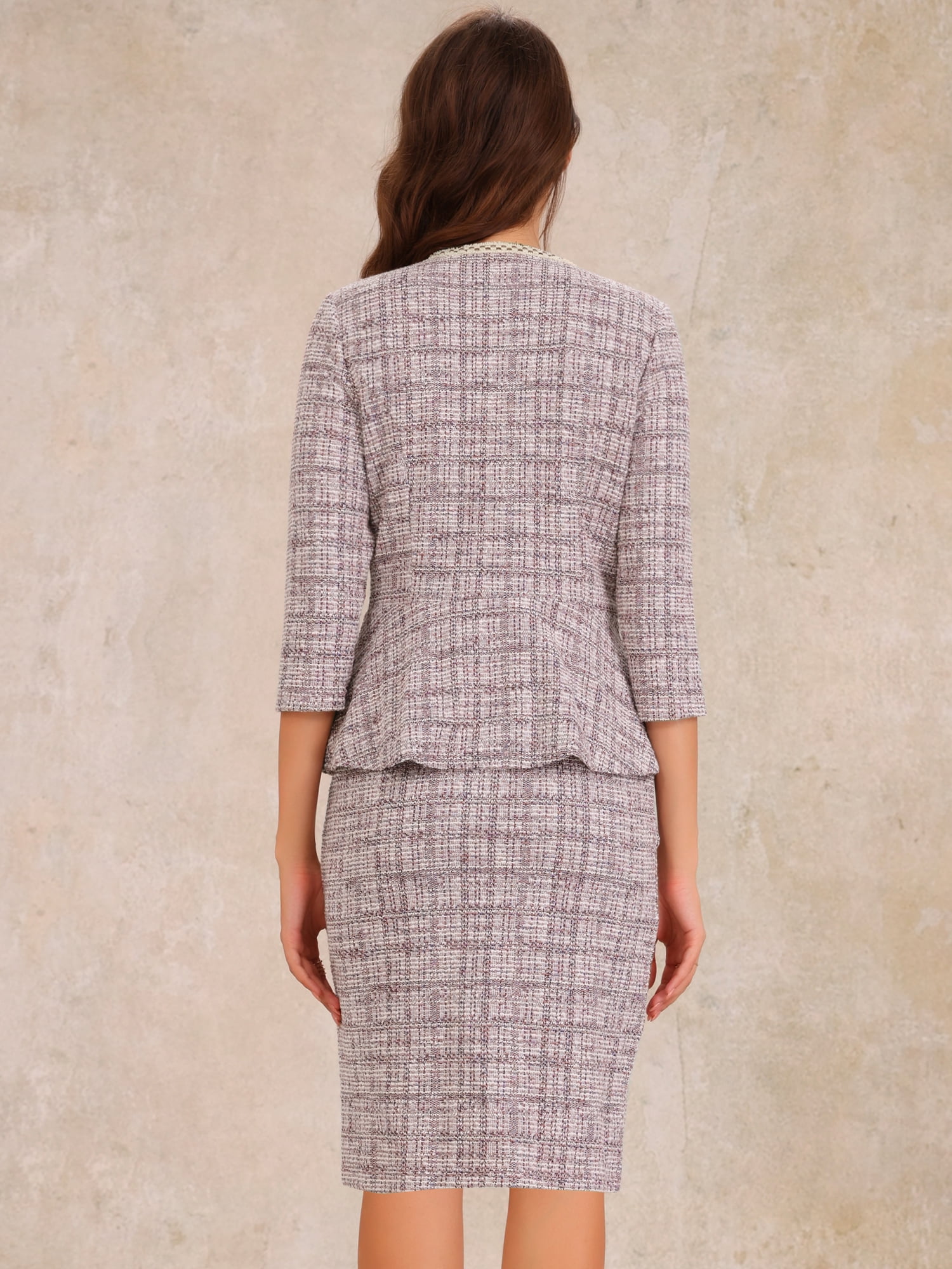 DARING DIVA 2Pcs Women's Suit Jacket Pencil Tweed Skirt Suit Set S Pink