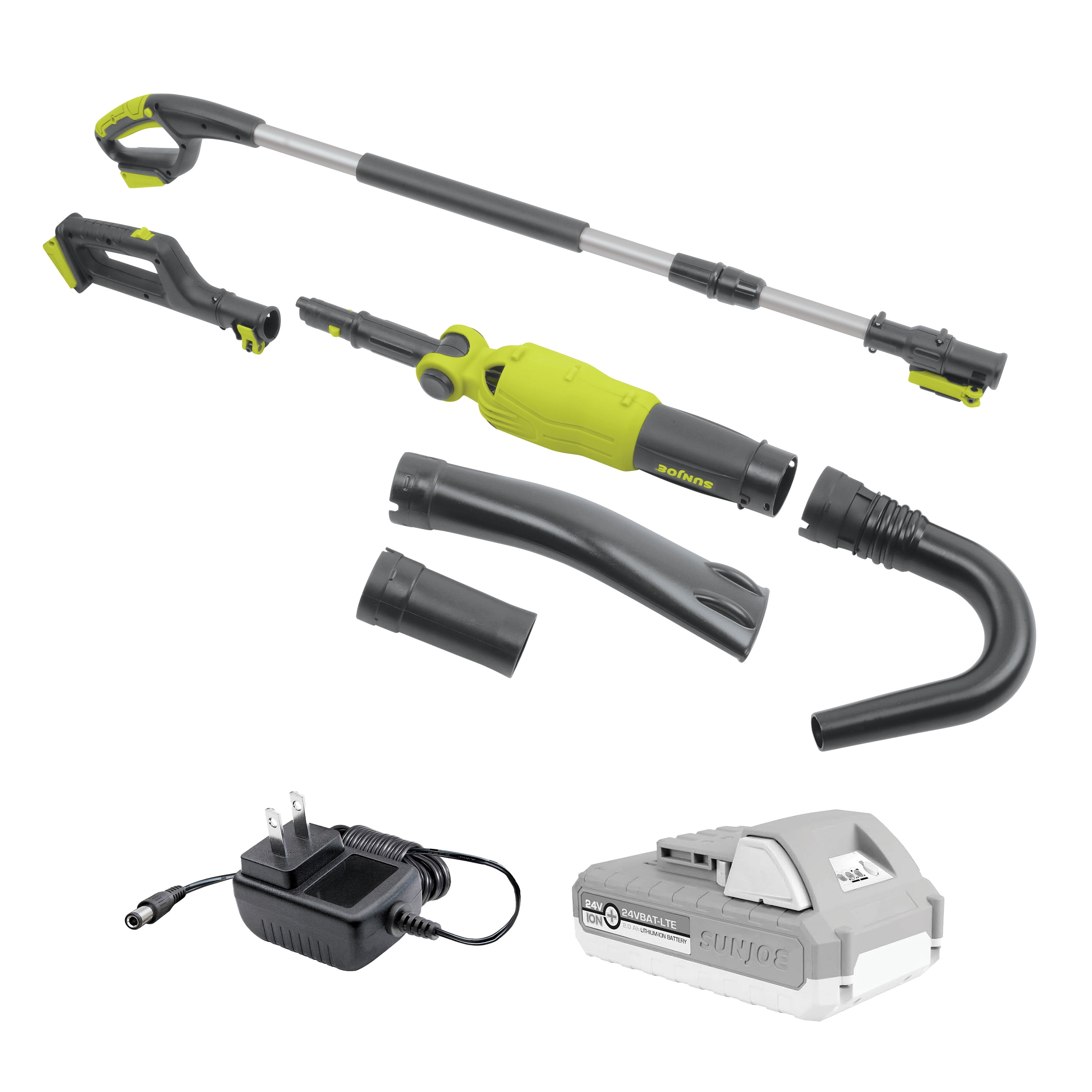 Sun Joe 24V Cordless Handheld Pole Leaf Blower, 78 MPH, 210 CFM, 7 Speed Settings, 8 Ft Reach, 2.0-Ah Battery + Charger