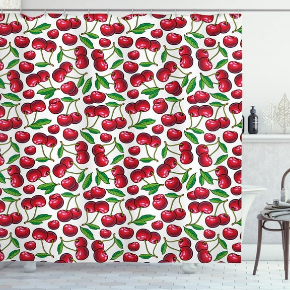 Ambesonne Cherry Shower Curtain, Cartoon Summer Fruit Art, 69"Wx70"L, Raspberry Dark Pink