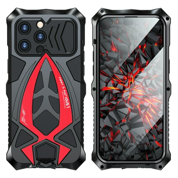 Dteck Armor Phone Case for iPhone 14 Pro Max Military Grade Protective Heavy Duty Full Body Cover Metal Bumper Built-in Silicone Shockproof Dustproof with Lanyard & Screen Protector,Black Red