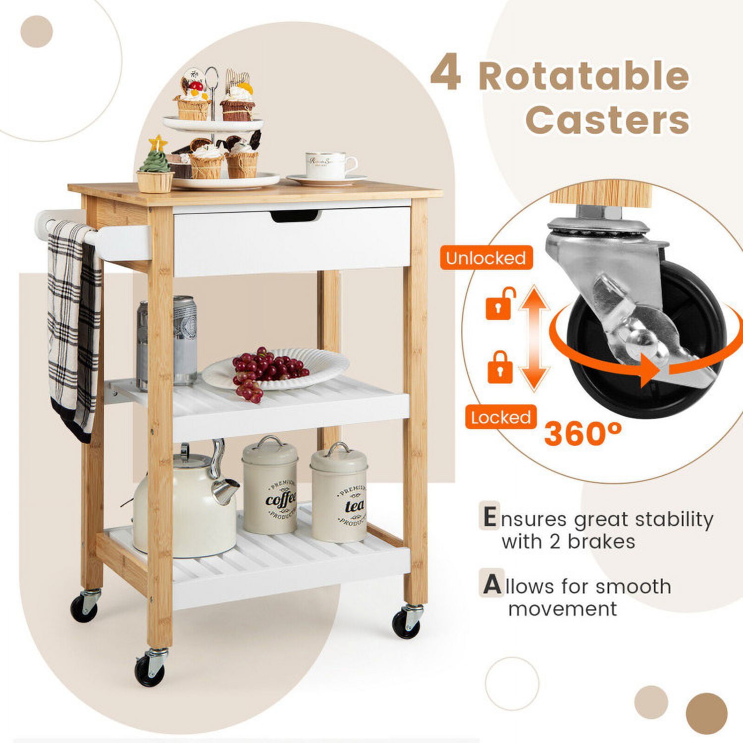 Finihen Rolling Cart, Kitchen Island Cart, 3-Tier Kitchen Island Cart Rolling Service Trolley with Bamboo Top, for Kitchen, Dining Room, Natural Finihen Rolling Cart, Kitchen Island Cart, 3-Tier Kitchen Island Cart Rolling Service Trolley with Bamboo Top, for Kitchen, Dining Room, Natural