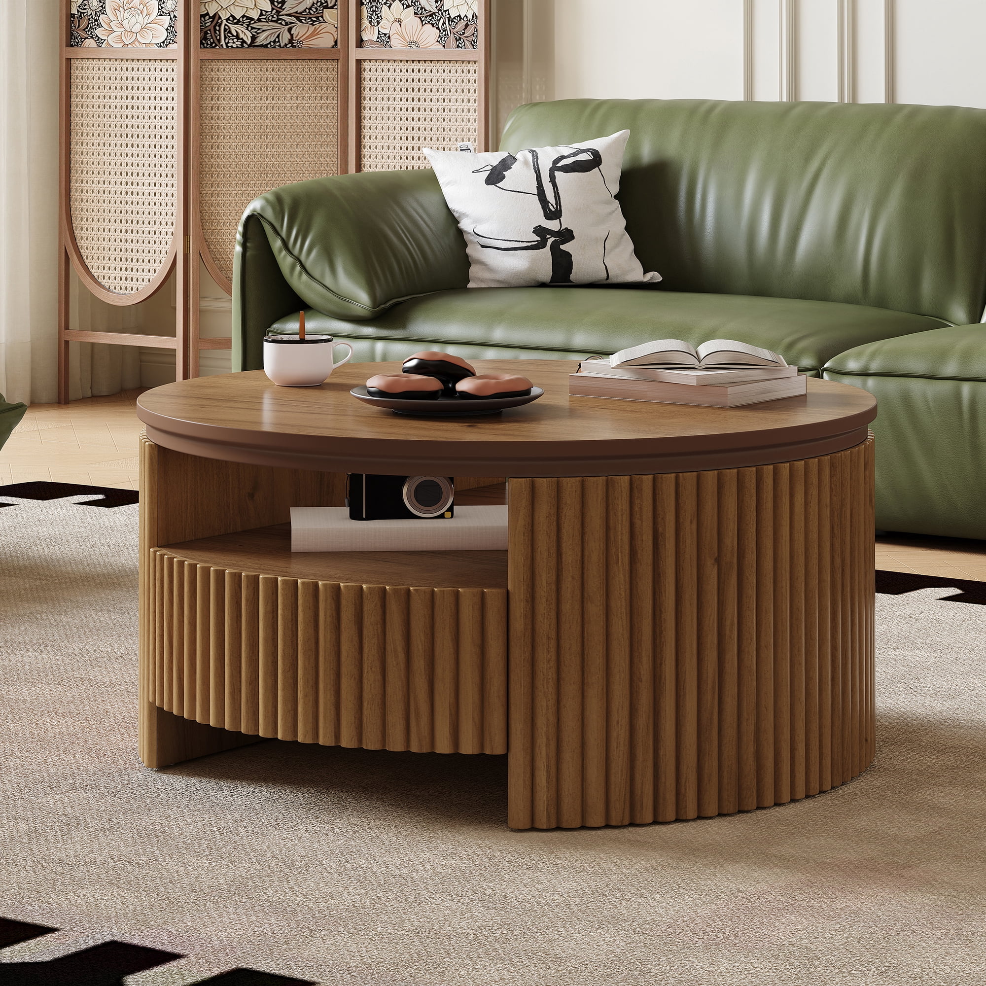 Garitin Coffee Table and Round Fluted Drum Pedestal 30.3 Inch, Mid Century Modern Center Table with Hidden Storage Drawers for Living Room, Walnut
