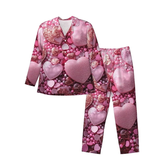 Balery Pink Glitter Heart Candy Pijama para Hombre de Dos Piezas con Manga Larga, Conjunto de Dormir y Descanso Suave con Bolsillos-X-Large
